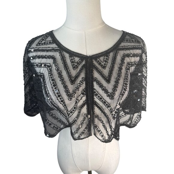 Vintage Black Sequin Sheer Capelet Shrug Bolero - Picture 5 of 14